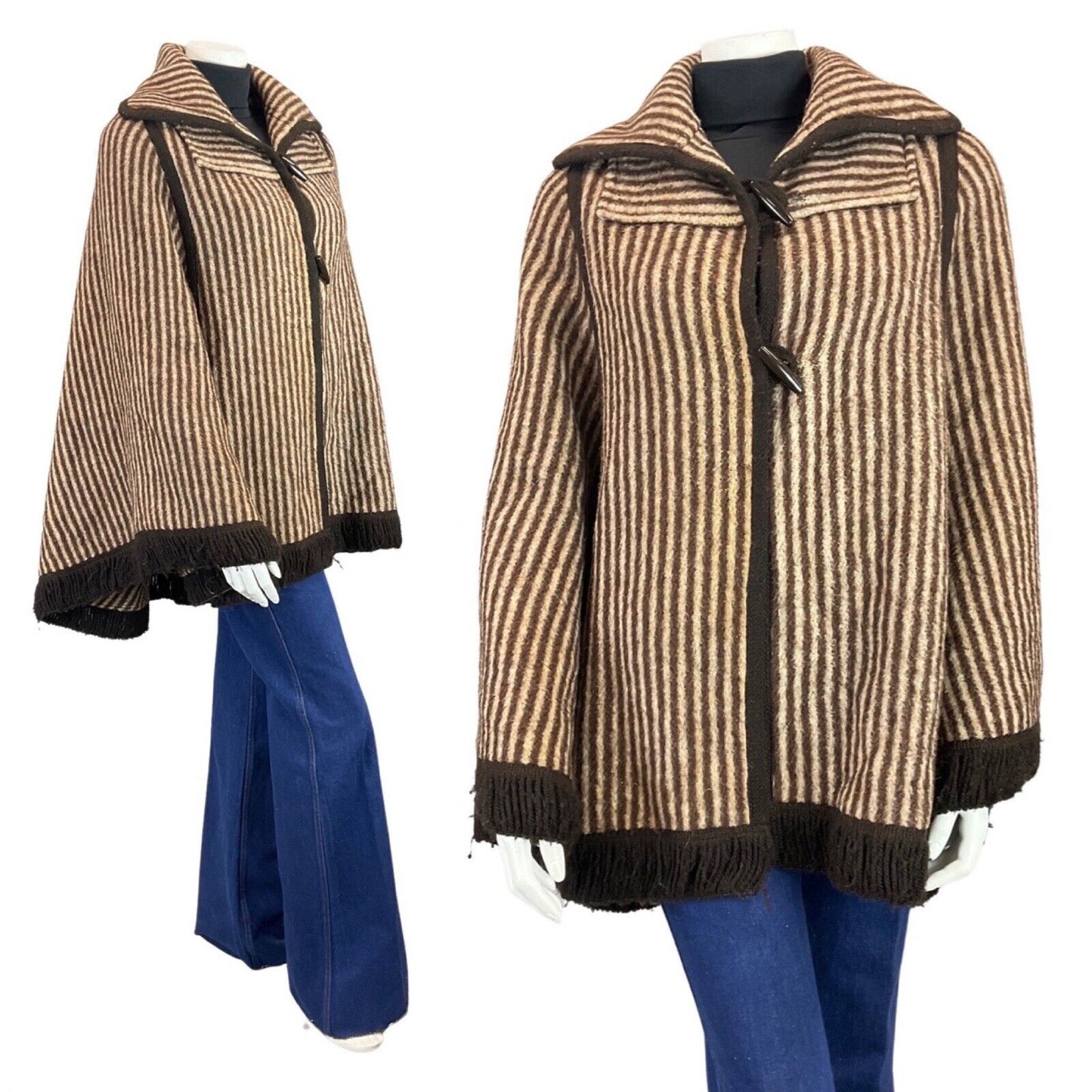 VINTAGE 60s 70s BROWN CREAM STRIPED TASSELED MOD BOHO WOOL CAPE 10