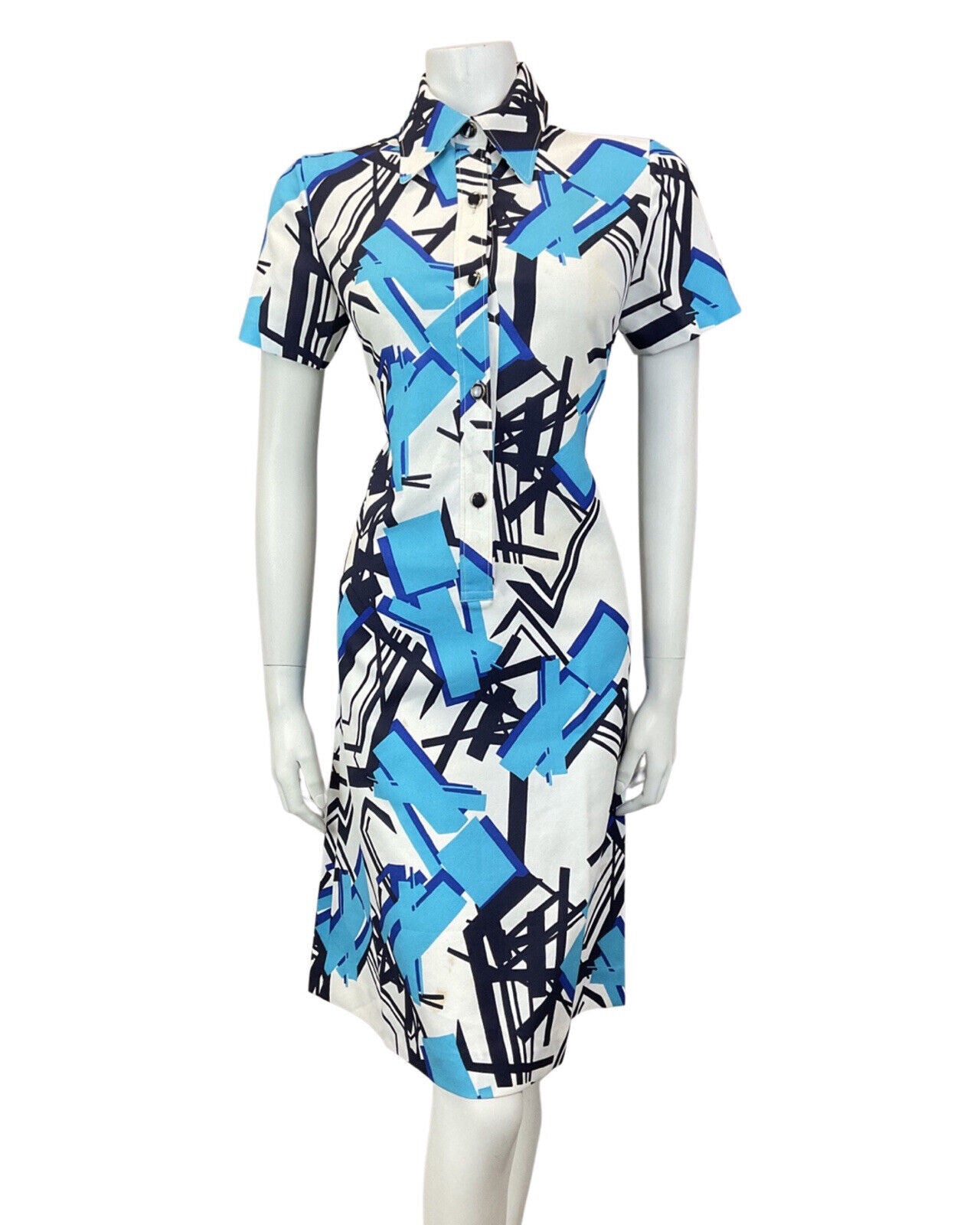 VINTAGE 60s 70s WHITE BLUE NAVY GEOMETRIC MOD DAGGER SHIRT DRES 10 12