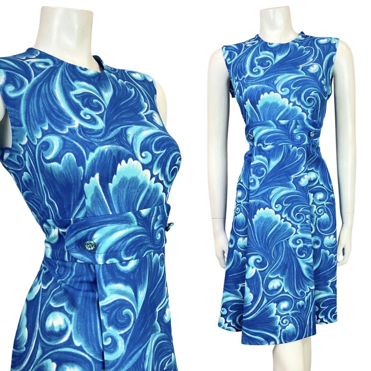 VINTAGE 60s 70s BLUE WHITE PSYCHEDELIC SWIRL MOD SLEEVELESS DRESS 10 12