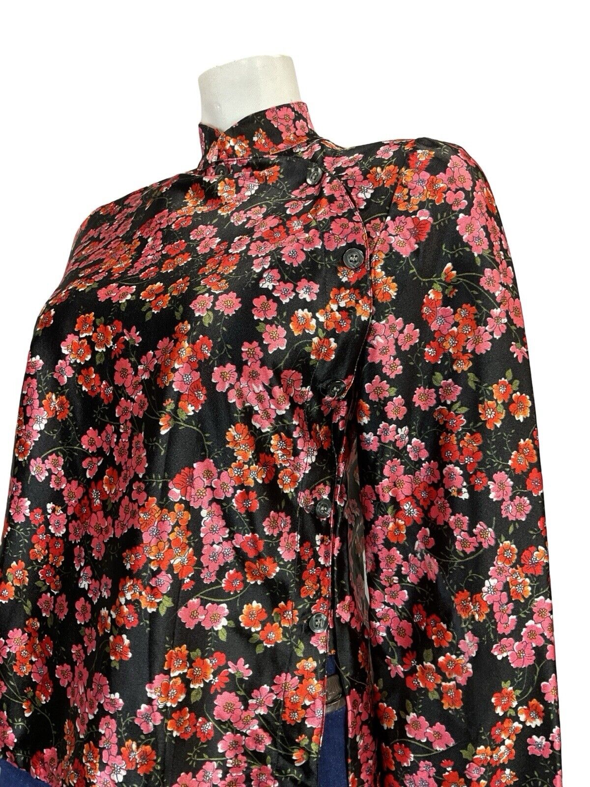 VTG 70S BLACK RED PINK FLORAL CHERRY BLOSSOM MANDARIN CHEONSAM TOP BLOUSE 8 10 S