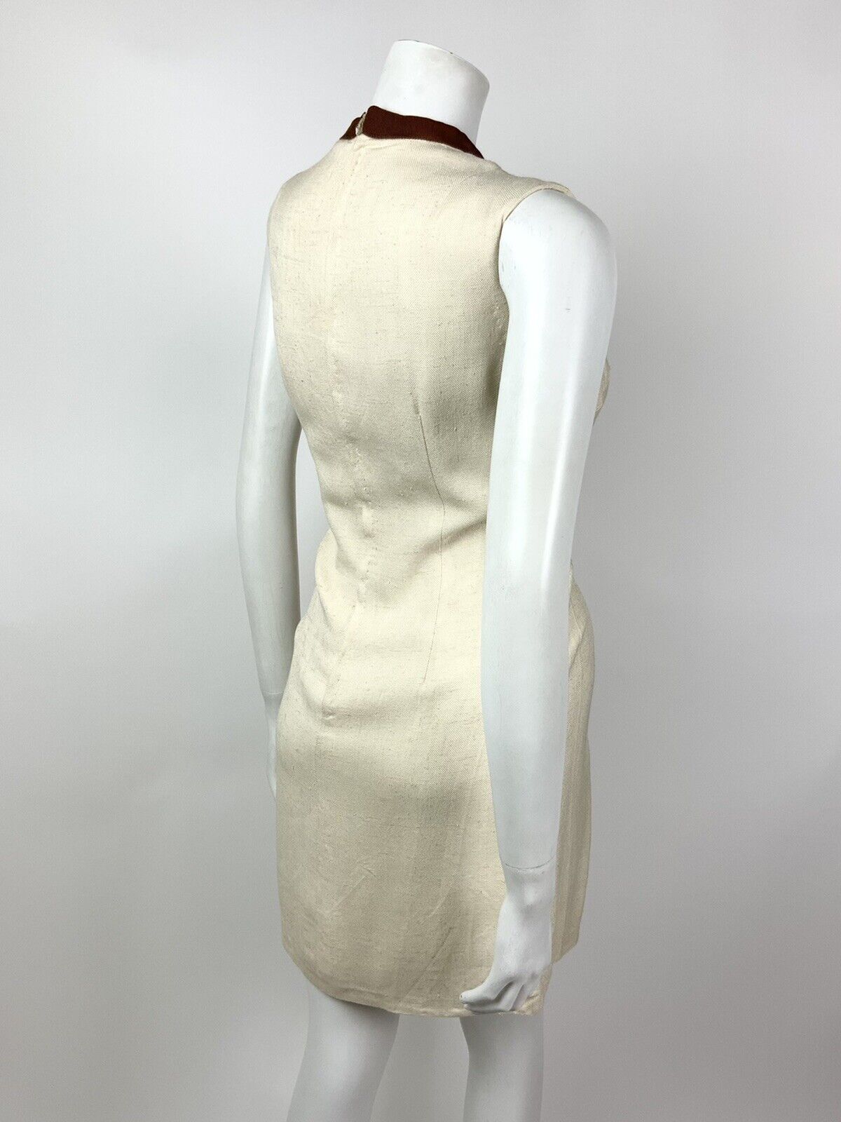 VINTAGE 60s 70s CREAM BROWN STRIPED MOD SLEEVELESS SHIFT DRESS 10