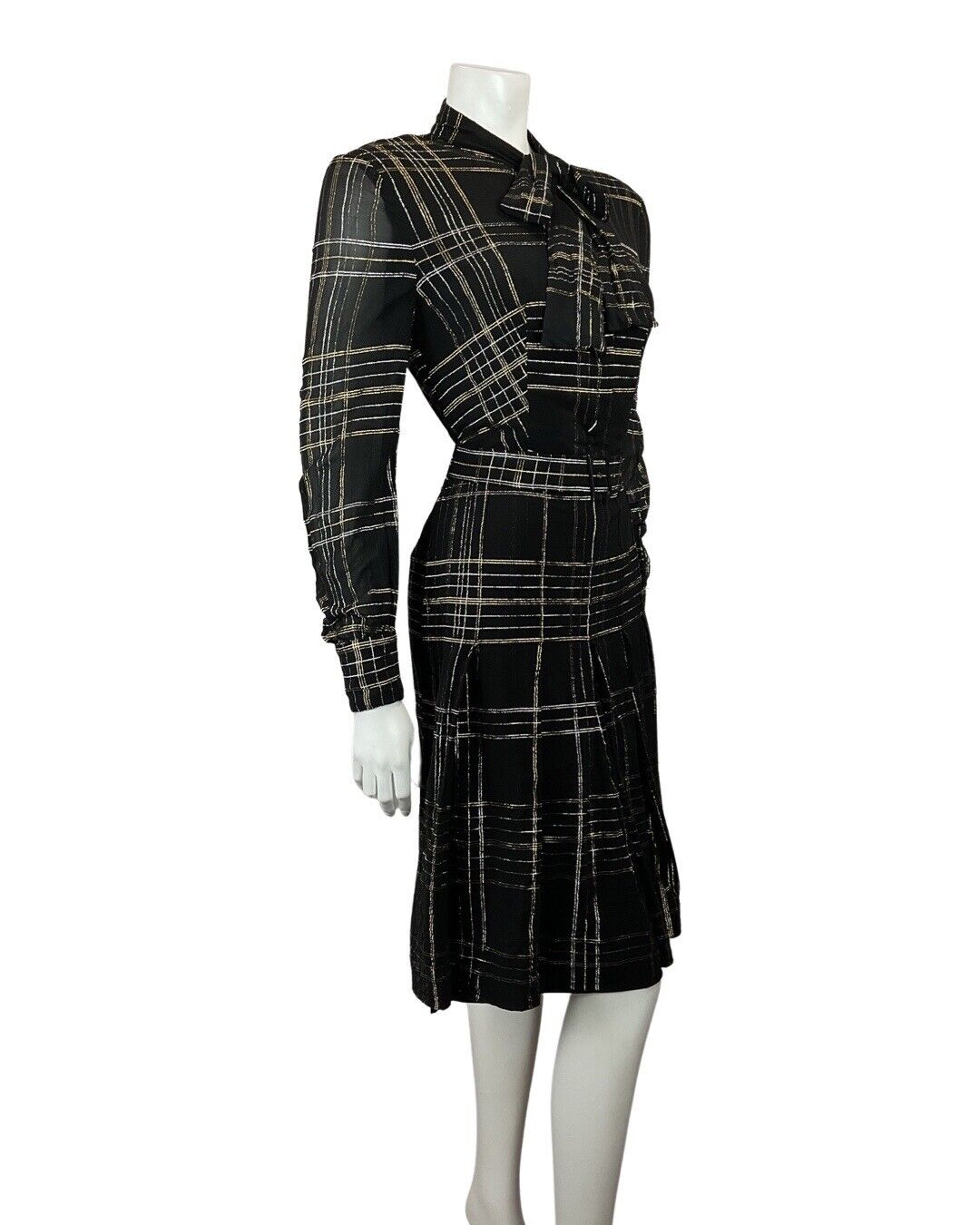 VINTAGE 60s 70s BLACK GOLD SILVER CHECKED MOD SHEER PUSSYBOW SHIRT DRESS 12