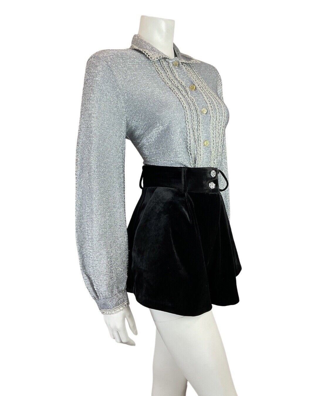 VINTAGE 60s 70s SILVER SCALLOPED GLITTER DISCO PARTY STUDIO 54 LUREX SHIRT 14 16