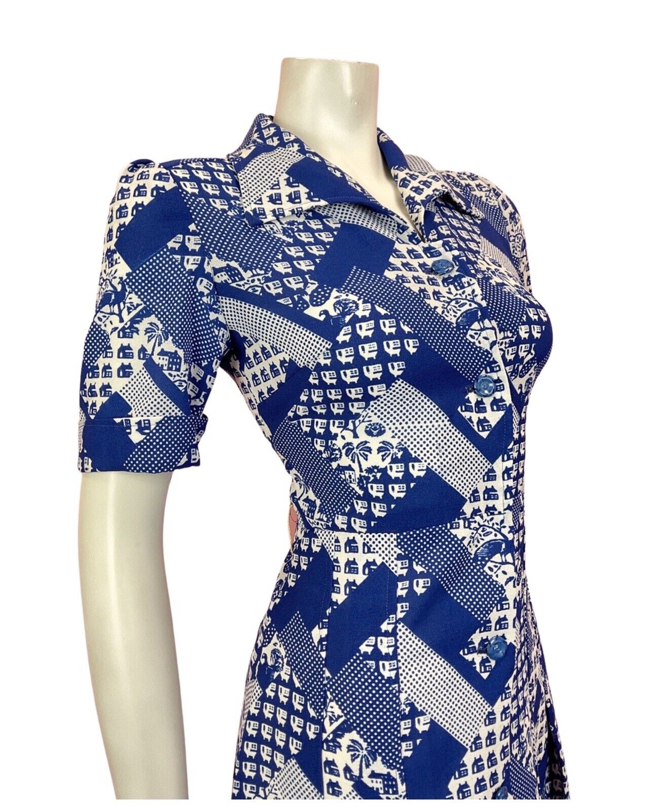 VTG 60s 70s BLUE WHITE GEOMETRIC POLKA-DOT PALM TREE MOD DAGGER SHIRT DRESS 10