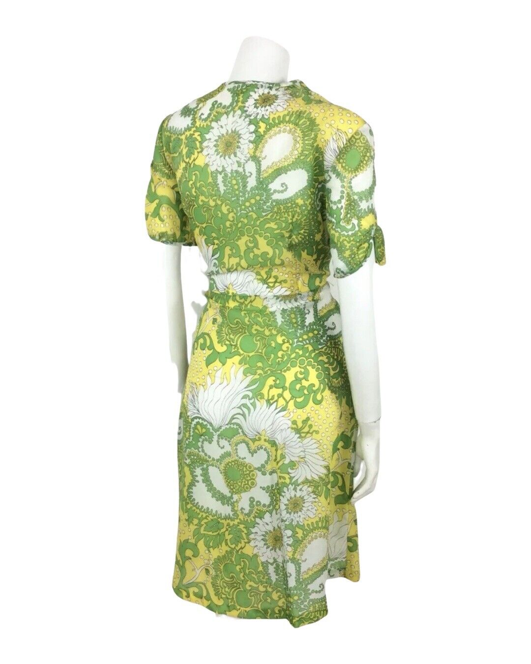 PSYCHEDELIC 70S VINTAGE YELLOW GREEN WHITE FLORAL DRESS 14