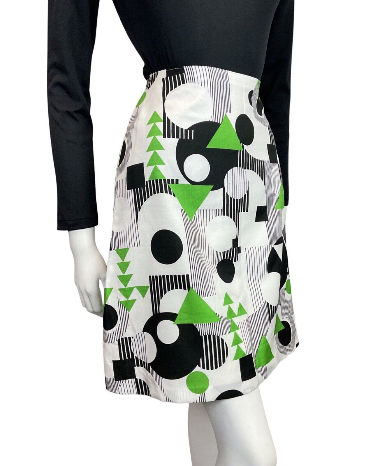 VINTAGE 60s 70s WHITE BLACK GREEN MOD GEOMETRIC A-LINE SHORT SKIRT 8