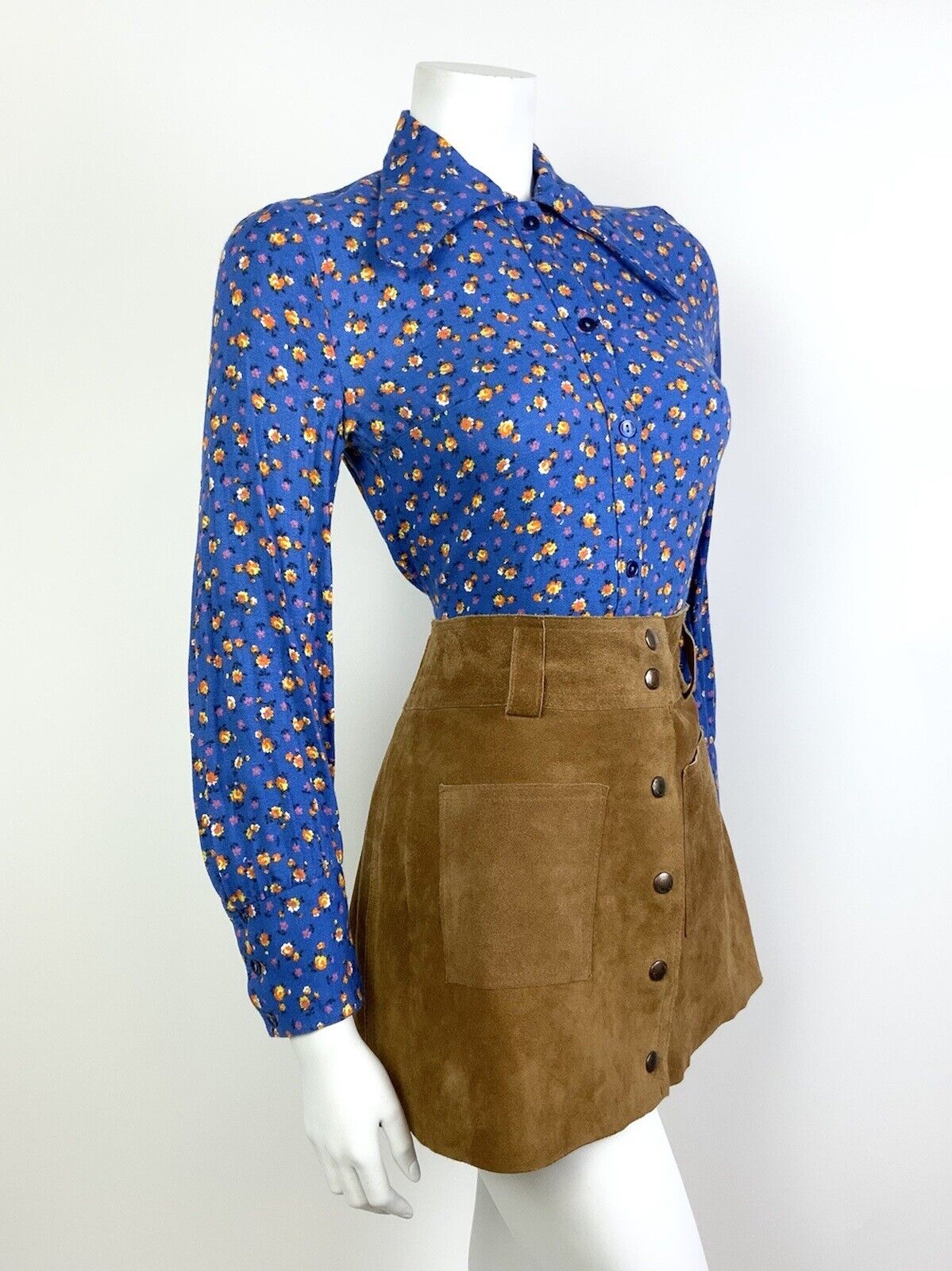 VTG 60s 70s BLUE ORANGE FLORAL DITSY DOG EAR BEAGLE COLLAR MOD SHIRT BLOUSE 8 10