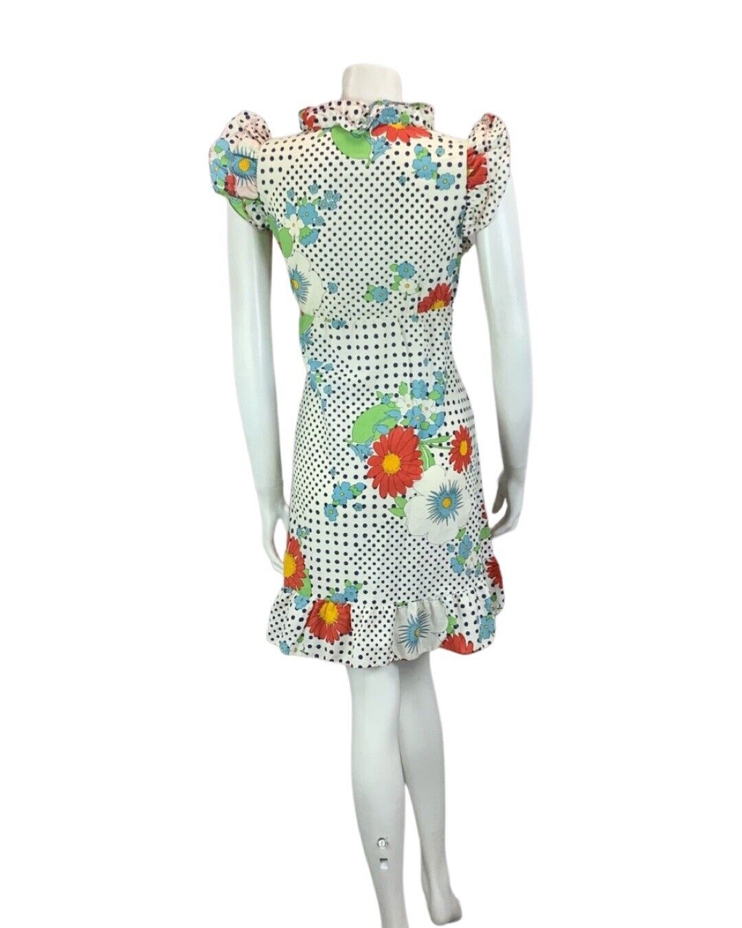 VINTAGE 60s 70s WHITE NAVY BLUE POLKA DOT RED BLUE FLORAL PRINT FLORAL DRESS 12