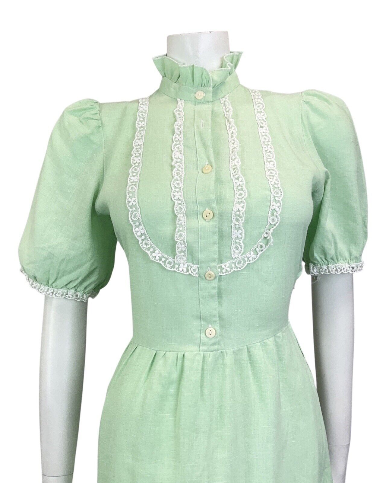 VINTAGE 60s 70s MINT GREEN WHITE LACE RUFFLED BOHO PRAIRIE MIDI DRESS 10
