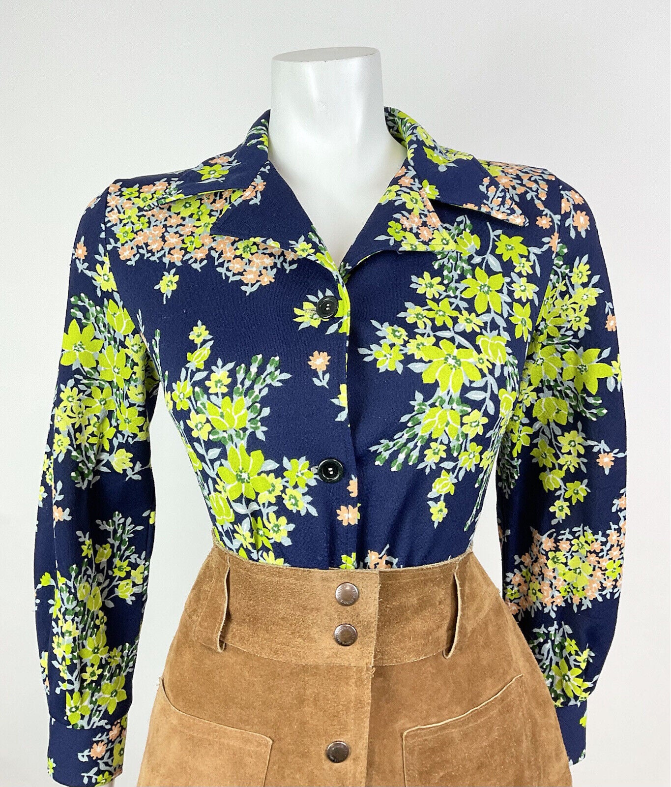 VINTAGE 60s 70s BLUE GREEN PINK FLORAL BLOSSOM WING COLLAR SHIRT BLOUSE 12 14