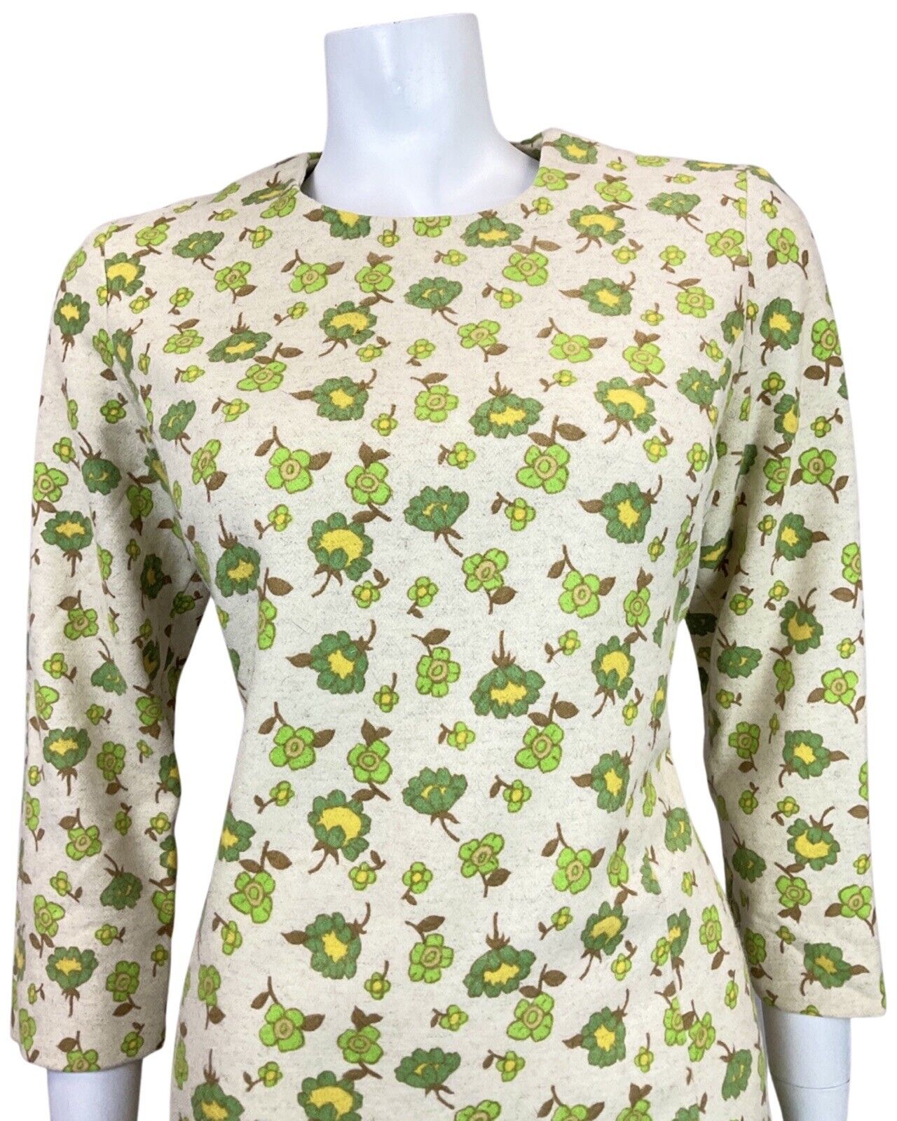 VINTAGE 60s 70s CREAM GREEN YELLOW FLORAL LEAFY DAISY MOD WOOL SHIFT DRESS 10 12