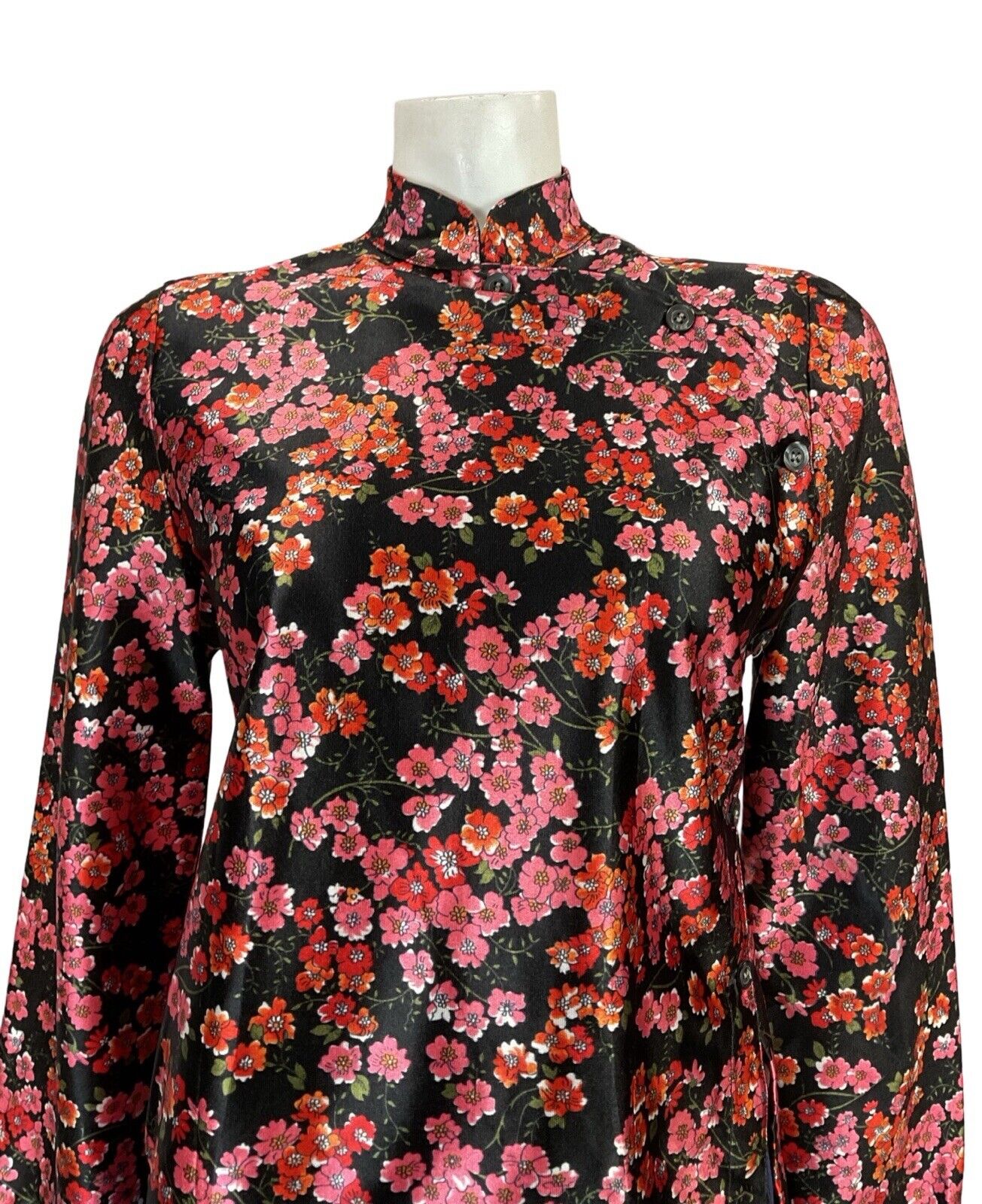 VTG 70S BLACK RED PINK FLORAL CHERRY BLOSSOM MANDARIN CHEONSAM TOP BLOUSE 8 10 S