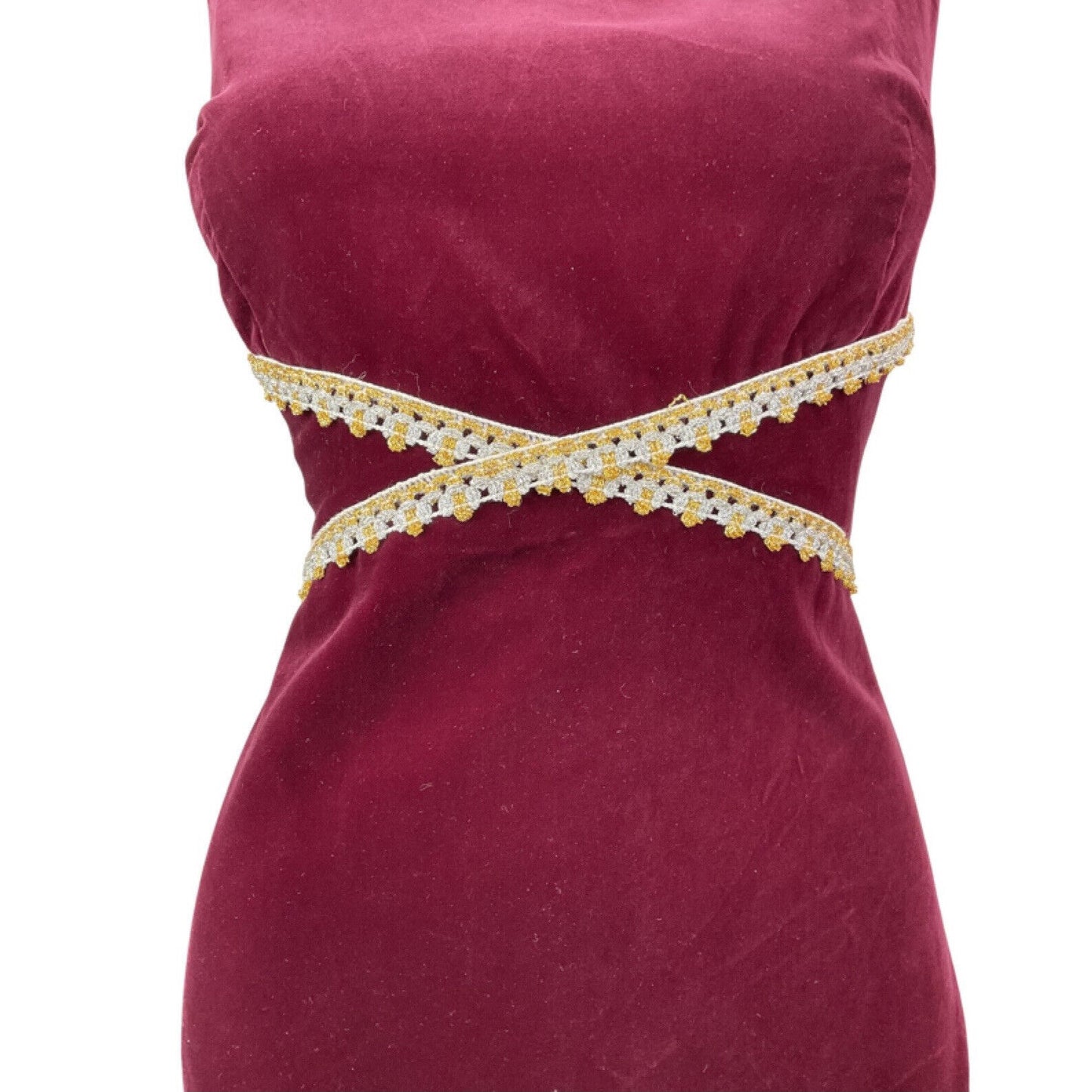 VINTAGE 60s 70s WINE RED SILVER GOLD VELVET SLEEVELESS PARTY GLAM DRESS 10