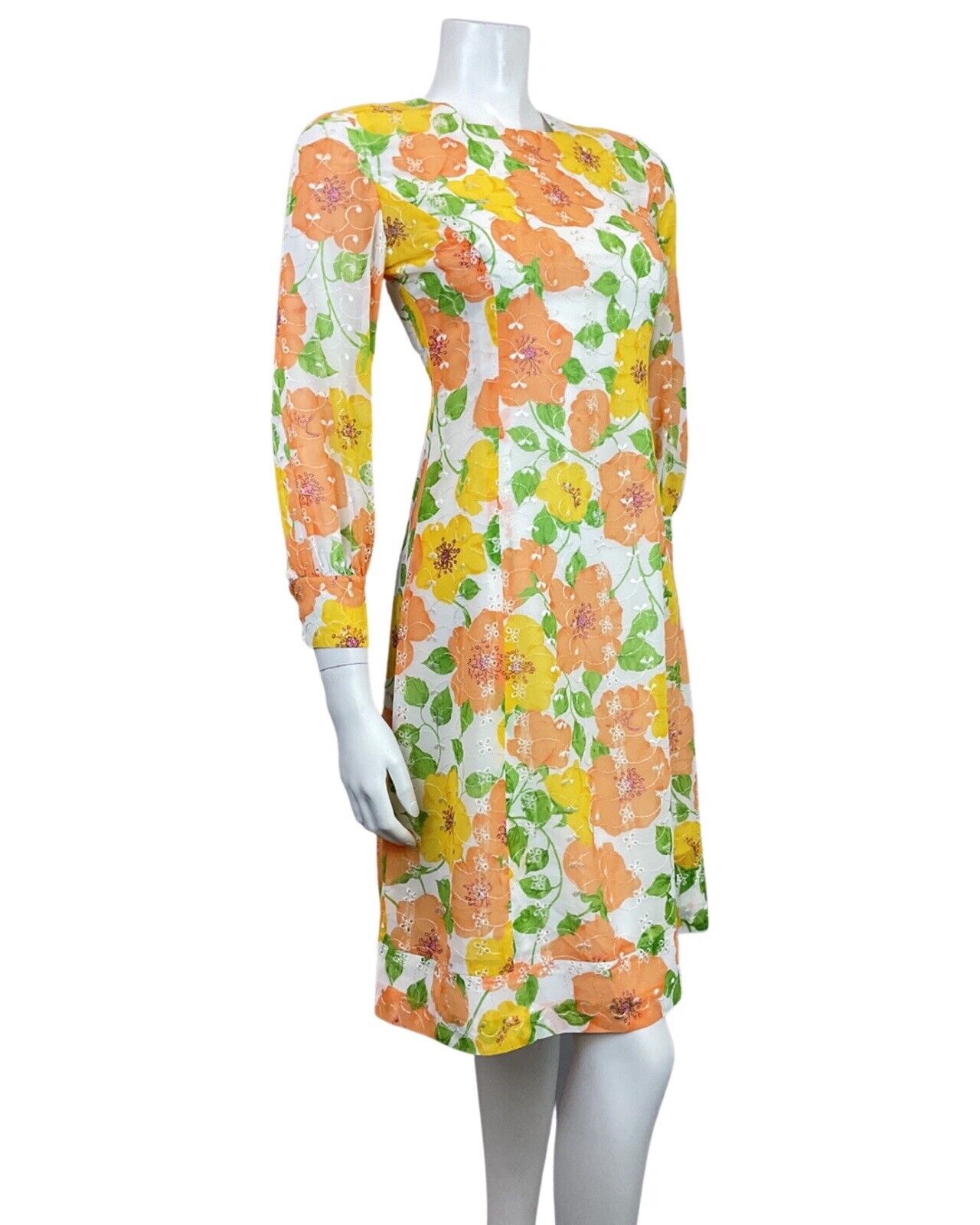VINTAGE 60s 70s WHITE YELLOW ORANGE GREEN EMBROIDERED FLORAL LEAFY MOD DRESS 8