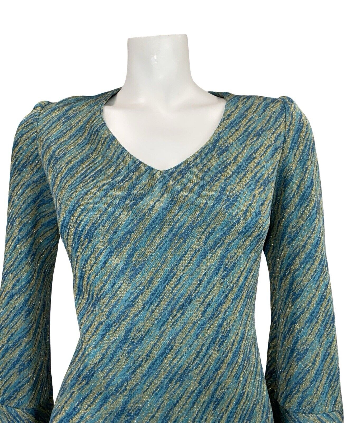 VTG 60S 70S MOD GOGO BLUE TEAL GOLD BELL SLEEVE V NECK PARTY MINI DRESS S 8 10