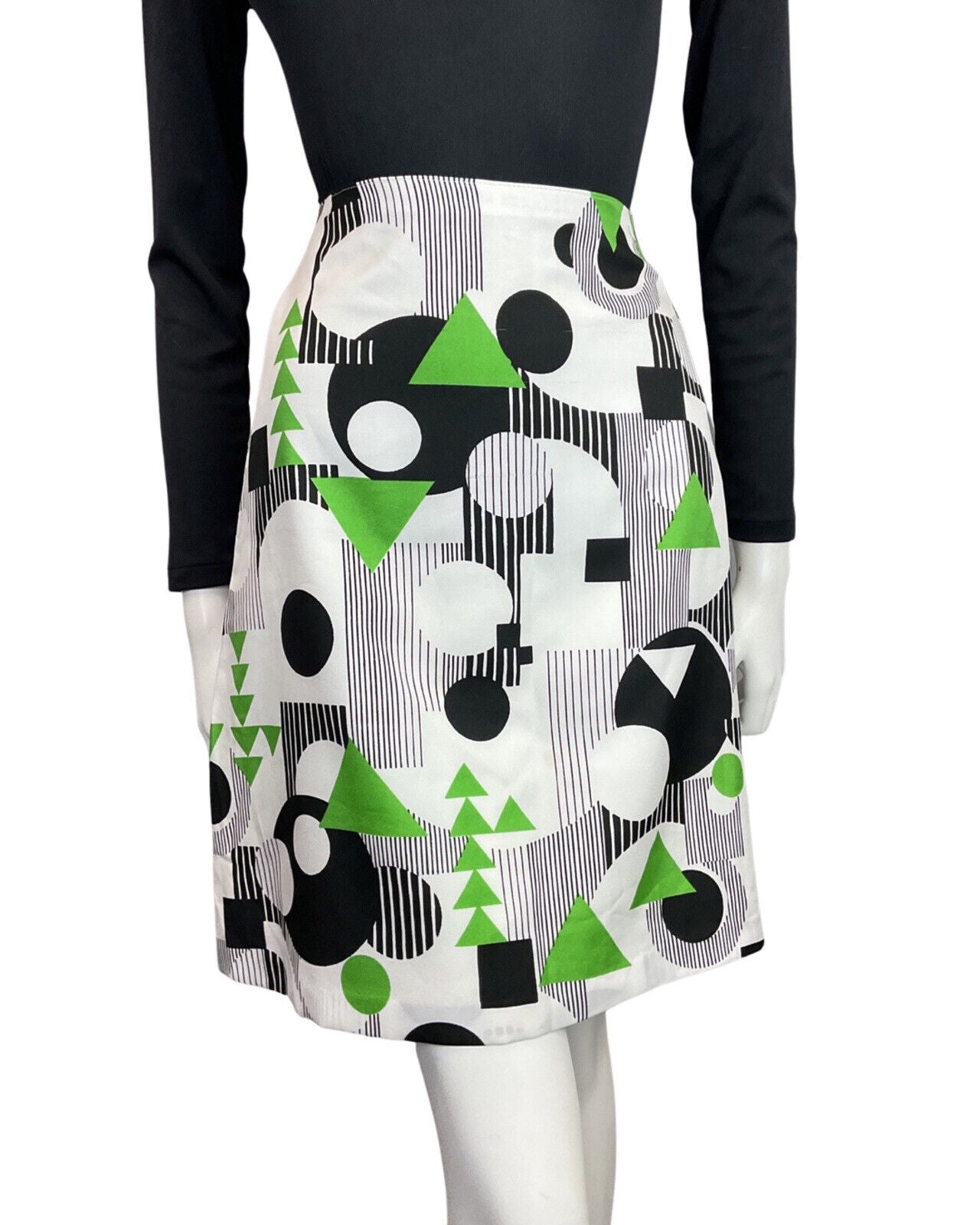 VINTAGE 60s 70s WHITE BLACK GREEN MOD GEOMETRIC A-LINE SHORT SKIRT 8