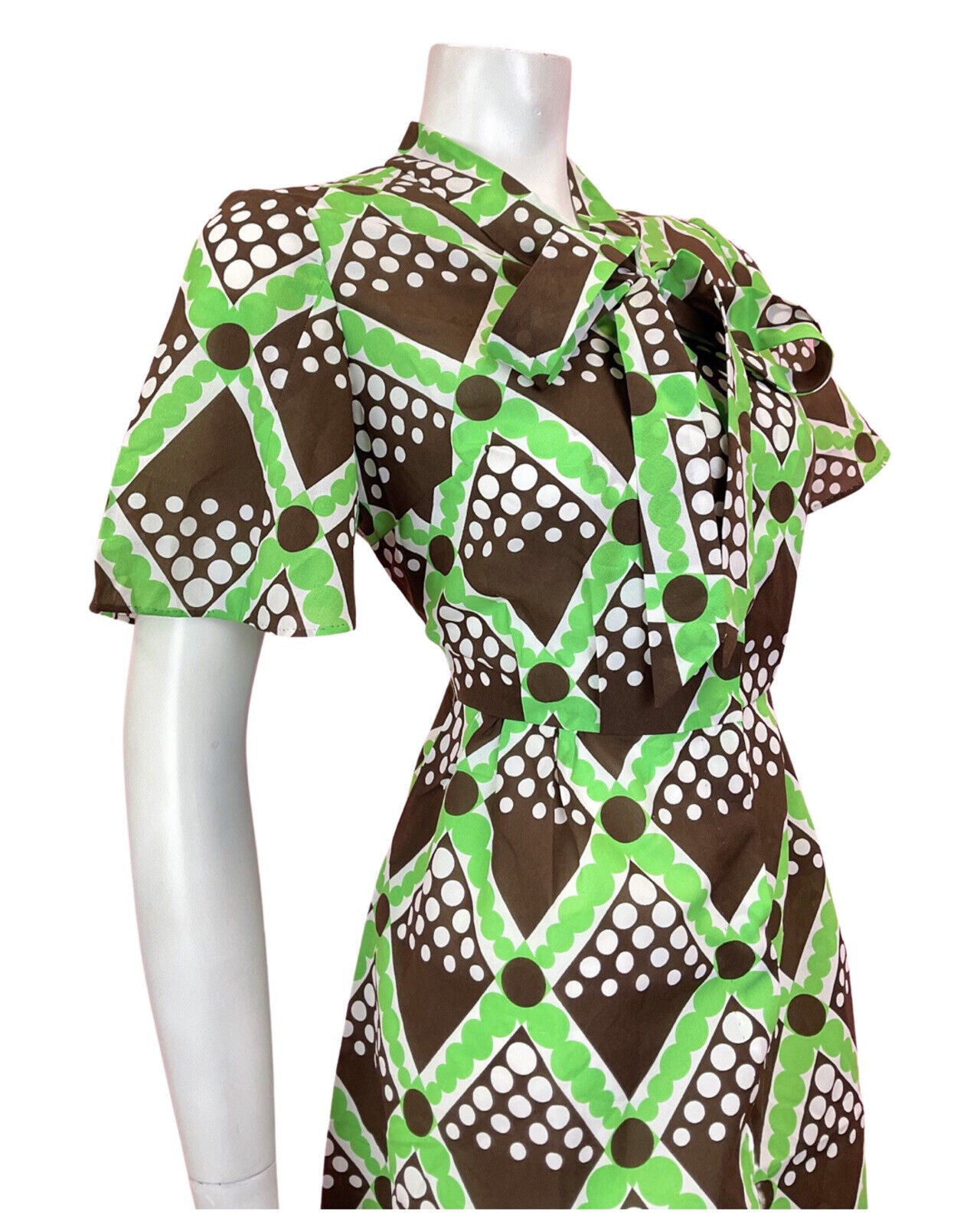 VINTAGE 60s 70s BROWN GREEN WHITE CHECKED GEOMETRIC PUSSYBOW MOD DRESS 10 12