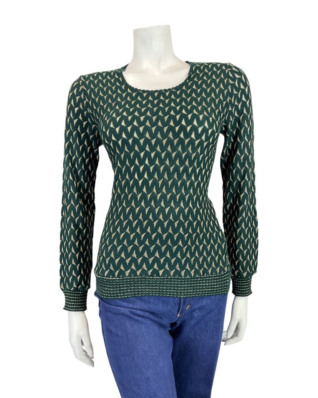 VINTAGE 60s 70s EMERALD GREEN GOLD TRIANGLE KNITTED JUMPER TOP 8 10
