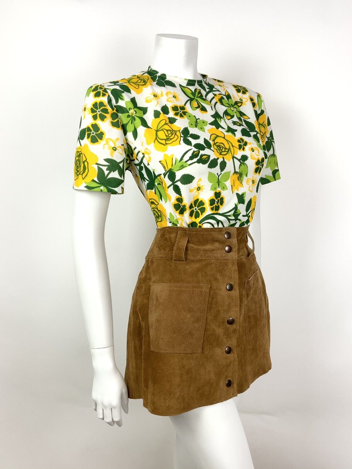 VINTAGE 60s 70s WHITE GREEN LIME YELLOW FLORAL ROSE TSHIRT TOP 12 14