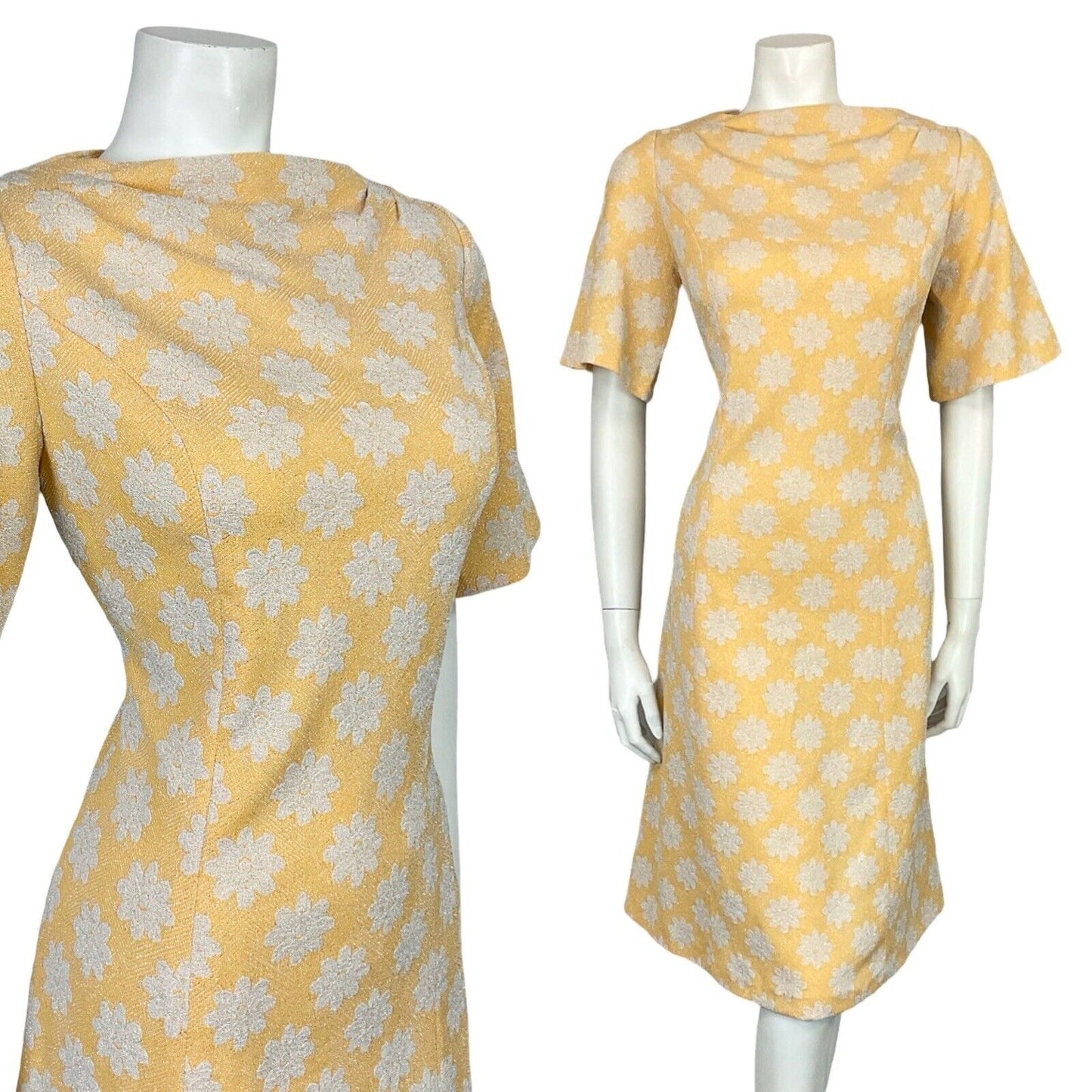 VTG 60S FLOWER POWER SILVER YELLOW GOLD FLARE SHORT SLEEVE PARTY MIDI DRESS 12