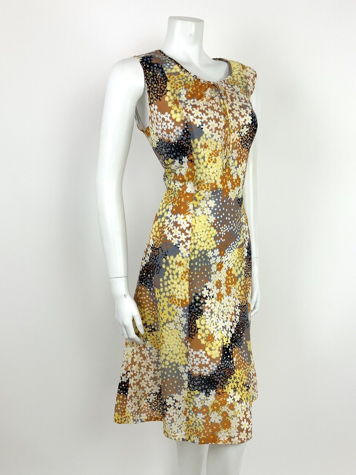 VTG 60s 70s BLACK WHITE GREY YELLOW ORANGE FLORAL PATCHWORK SHIFT DRESS 12 14