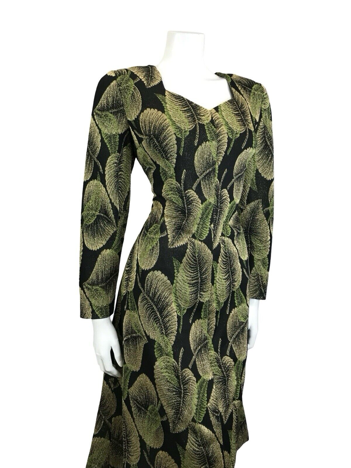 VTG 60S 70S BLACK GREEN GOLD LEAF LUREX SWEETHEART PARTY MIDI DRESS 1214 M