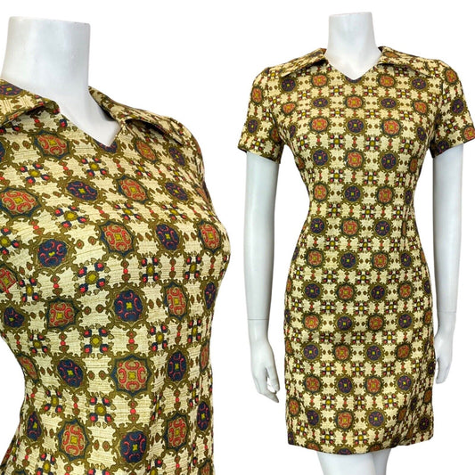 VINTAGE 60s 70s CREAM GOLD BLUE ORNATE CHECKED MOD SHORT SHIRT DRESS 10 12