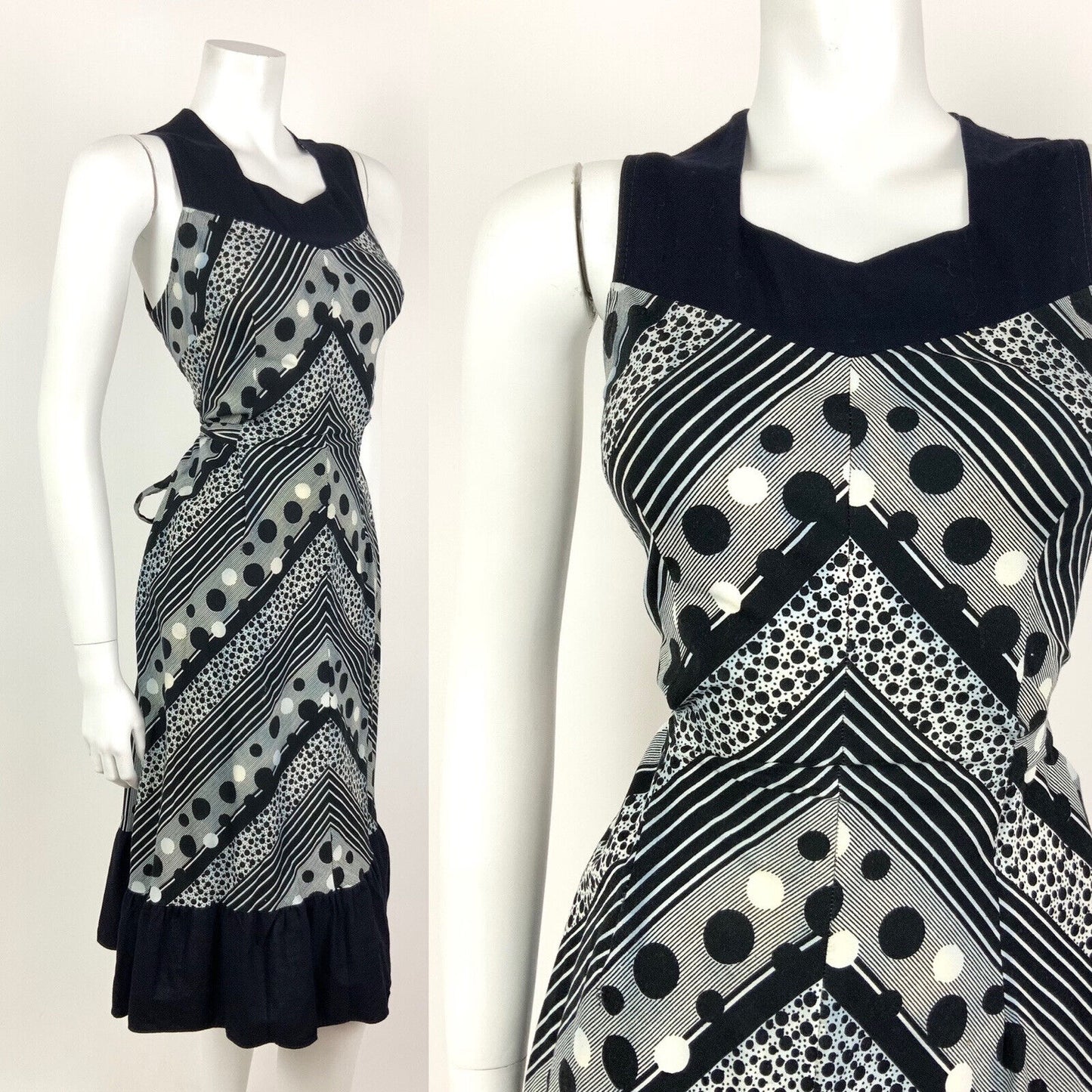 VTG 60s 70s BLACK WHITE STRIPED DOTTY GEOMETRIC FOLK BOHO RUFFLED DRESS 10 12