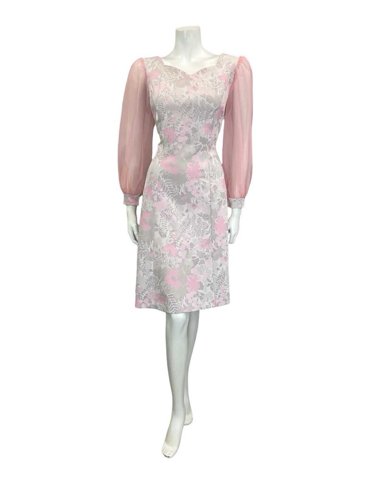 VTG 60S PINK GREY SILVER FLORAL SWEETHEART MESH SLEEVE PARTY MINI DRESS 12