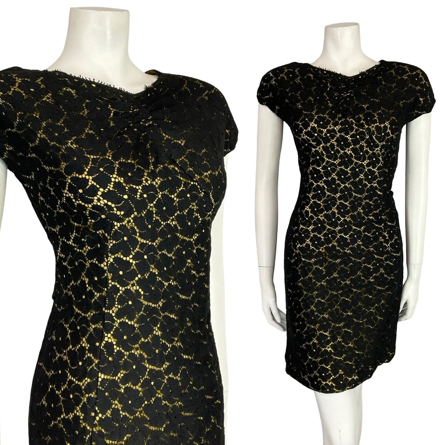 VTG 60S BLACK LACE GOLD V BOAT NECK SHORT SLEEVE PARTY SHIFT LBD MINI DRESS 8