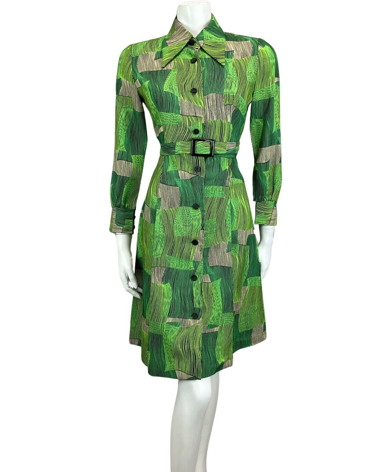 VINTAGE 60s 70s GREEN ABSTRACT PRINT DAGGER COLLAR MIDI MOD BOHO DRESS 12