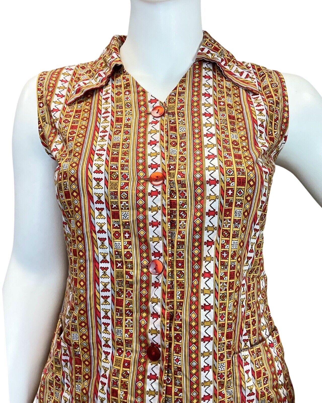 VINTAGE 60s 70s YELLOW RED WHITE GEOMETRIC AZTEC SLEEVELESS DAGGER SHIRT 14 16