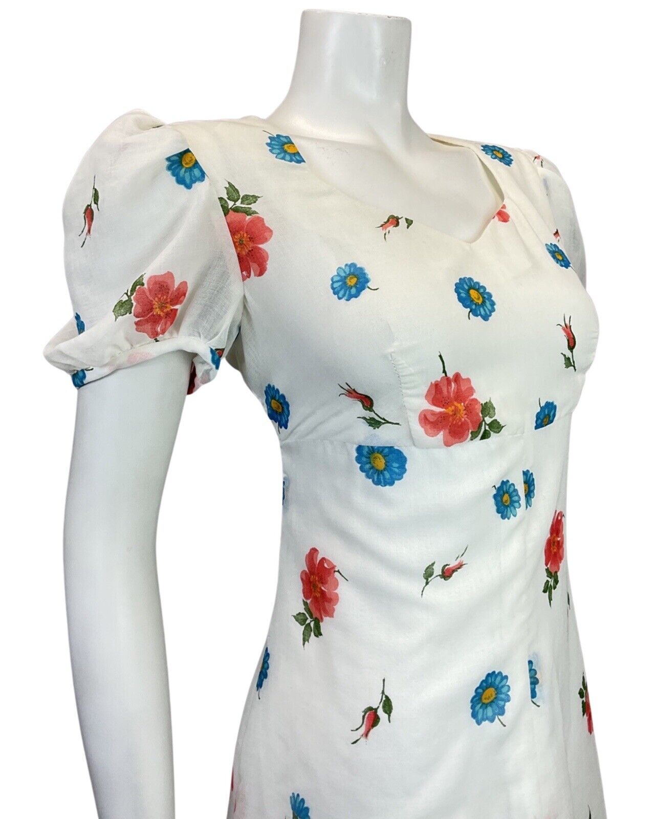 VINTAGE 60s 70s WHITE RED BLUE FLORAL GARDEN SHEER PUFF SLEEVE MOD DRESS 12