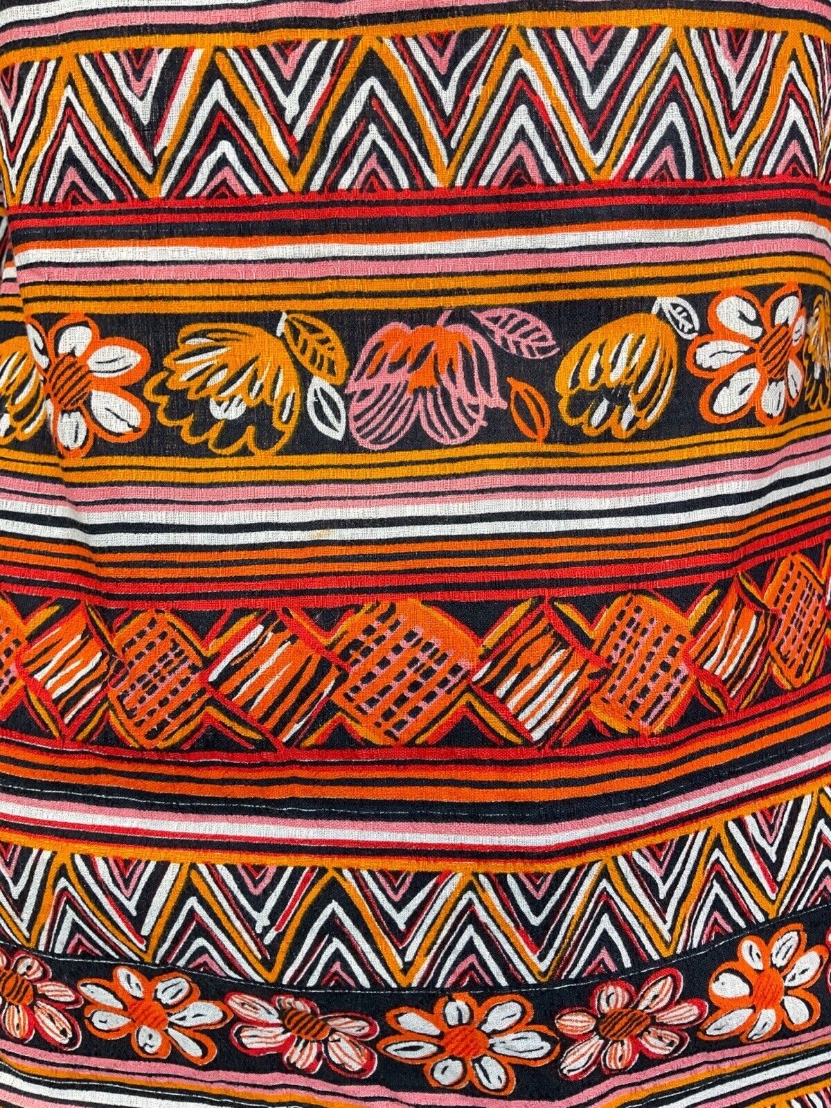 VINTAGE 70s RED YELLOW BLACK AZTEC FLORAL STRIPED BOHO LONG-SLEEVE BLOUSE 12 14