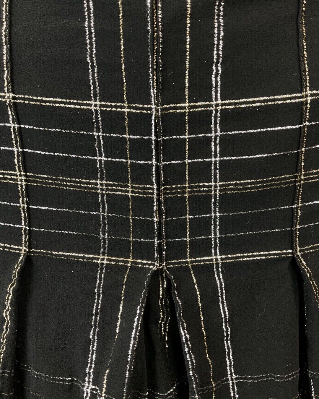 VINTAGE 60s 70s BLACK GOLD SILVER CHECKED MOD SHEER PUSSYBOW SHIRT DRESS 12