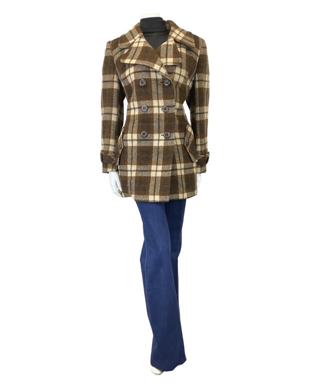 VINTAGE 60s 70s BROWN CREAM PLAID CHECKED MOD WOOL COAT 14 16