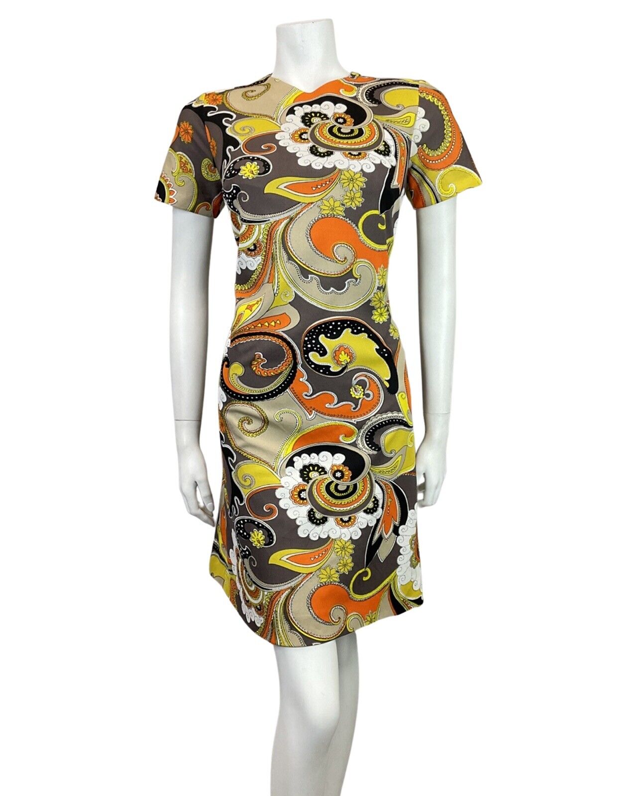 VINTAGE 60s 70s GREY YELLOW BLACK ORANGE PSYCHEDELIC MANDALA FLORAL MOD DRESS 12