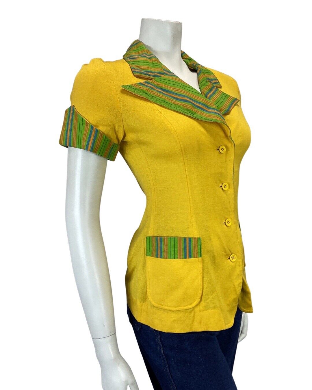 VINTAGE 60s 70s YELLOW GREEN ORANGE STRIPED MOD SHORT SLEEVE BLOUSE 8