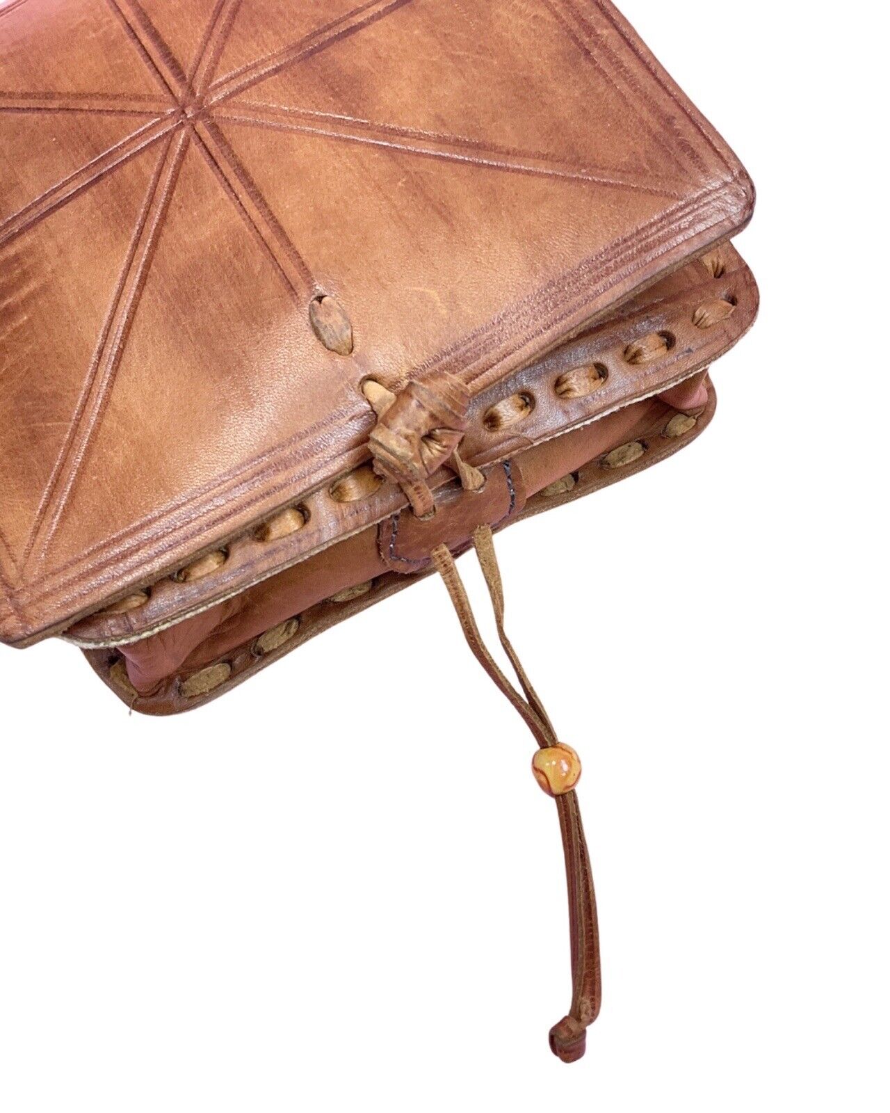 VINTAGE 60s 70s TAN BROWN STRIPED STAMPED LEATHER MOD SLING SHOULDER BAG