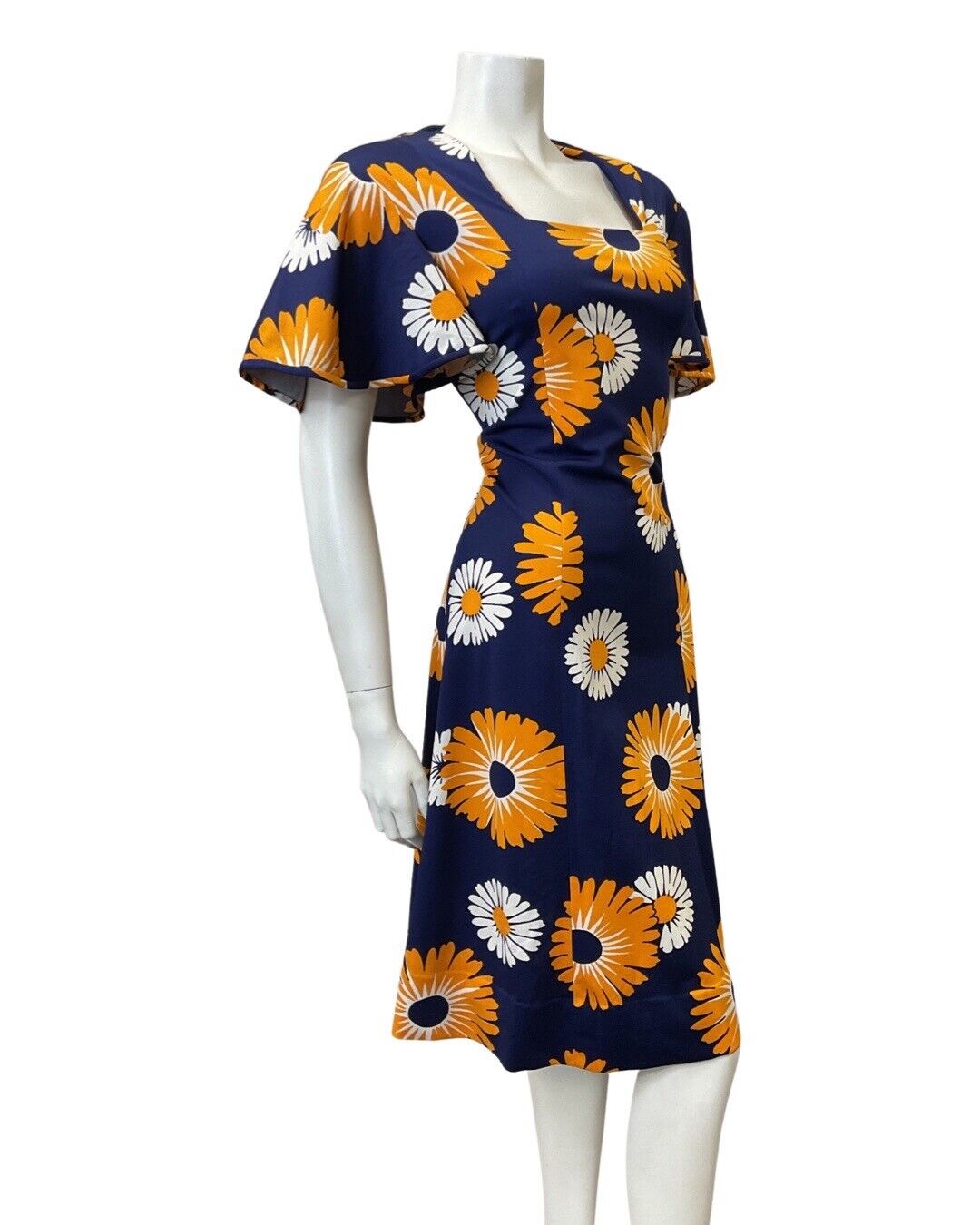 VINTAGE 60s 70s BLUE ORANGE WHITE DAISY FLOWER FLARED SLEEVE MOD DRESS 14 16