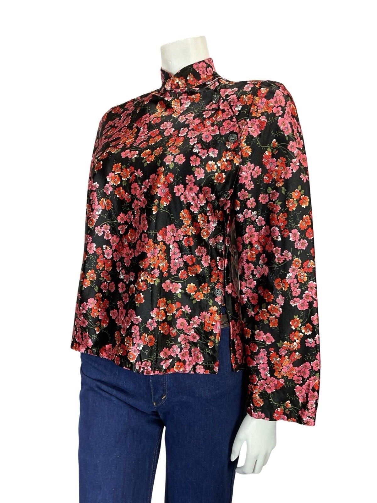 VTG 70S BLACK RED PINK FLORAL CHERRY BLOSSOM MANDARIN CHEONSAM TOP BLOUSE 8 10 S