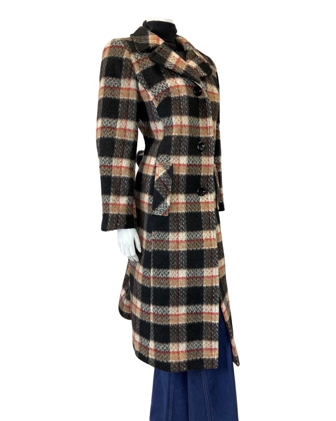 VINTAGE 60s 70s BLACK CREAM RED PLAID CHECKED MOD WOOL COAT 16