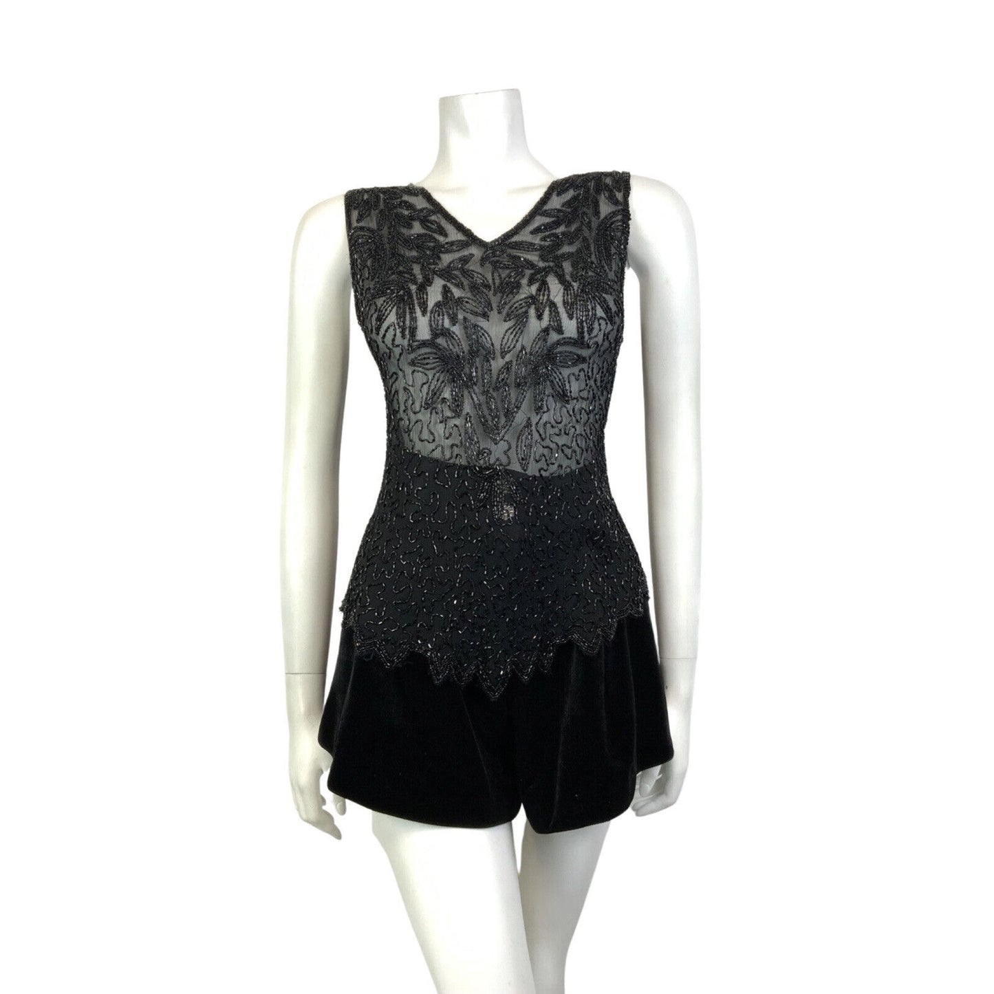 VINTAGE 60s 70s BLACK FLORAL SQUIGGLE SEQUIN BEADED SHEER SLEEVELESS TOP 12 14