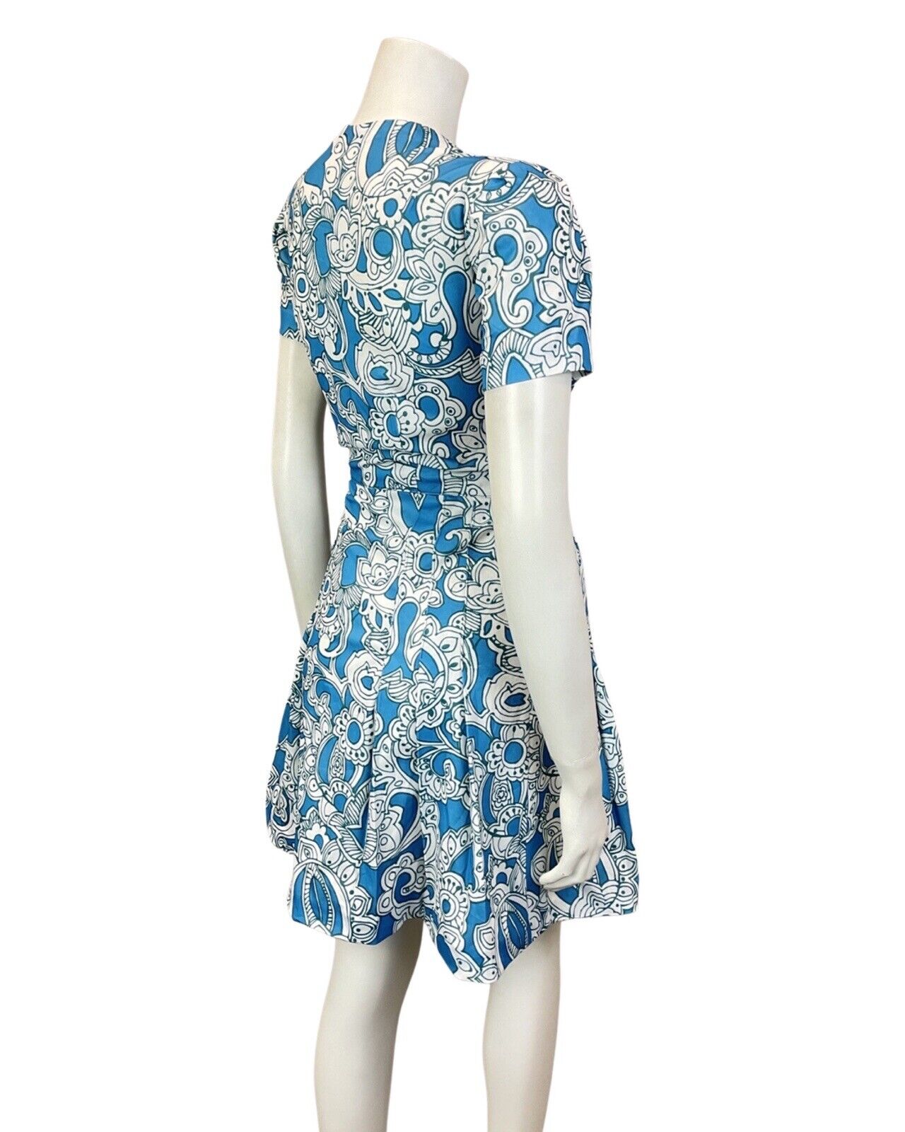 VINTAGE 60s 70s BLUE WHITE PSYCHEDELIC FLORAL PLEATED MOD SHORT DRESS 10