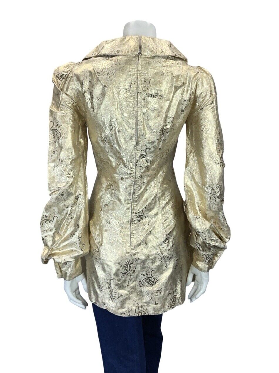 VTG 60S 70S GOLD BROCADE OVERSIZED COLLAR BISHOP SLEEVE PAISLEY TUNIC TOP 8 10 S