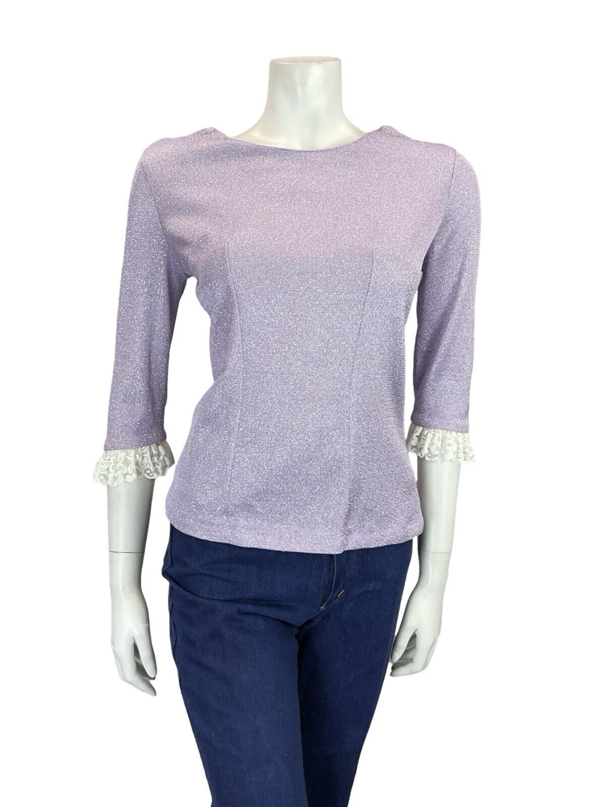 VTG 60S 70S LILAC PURPLE LUREX LACE TRIM 1/2 SLEEVE PARTY PRAIRIE MOD TOP 8