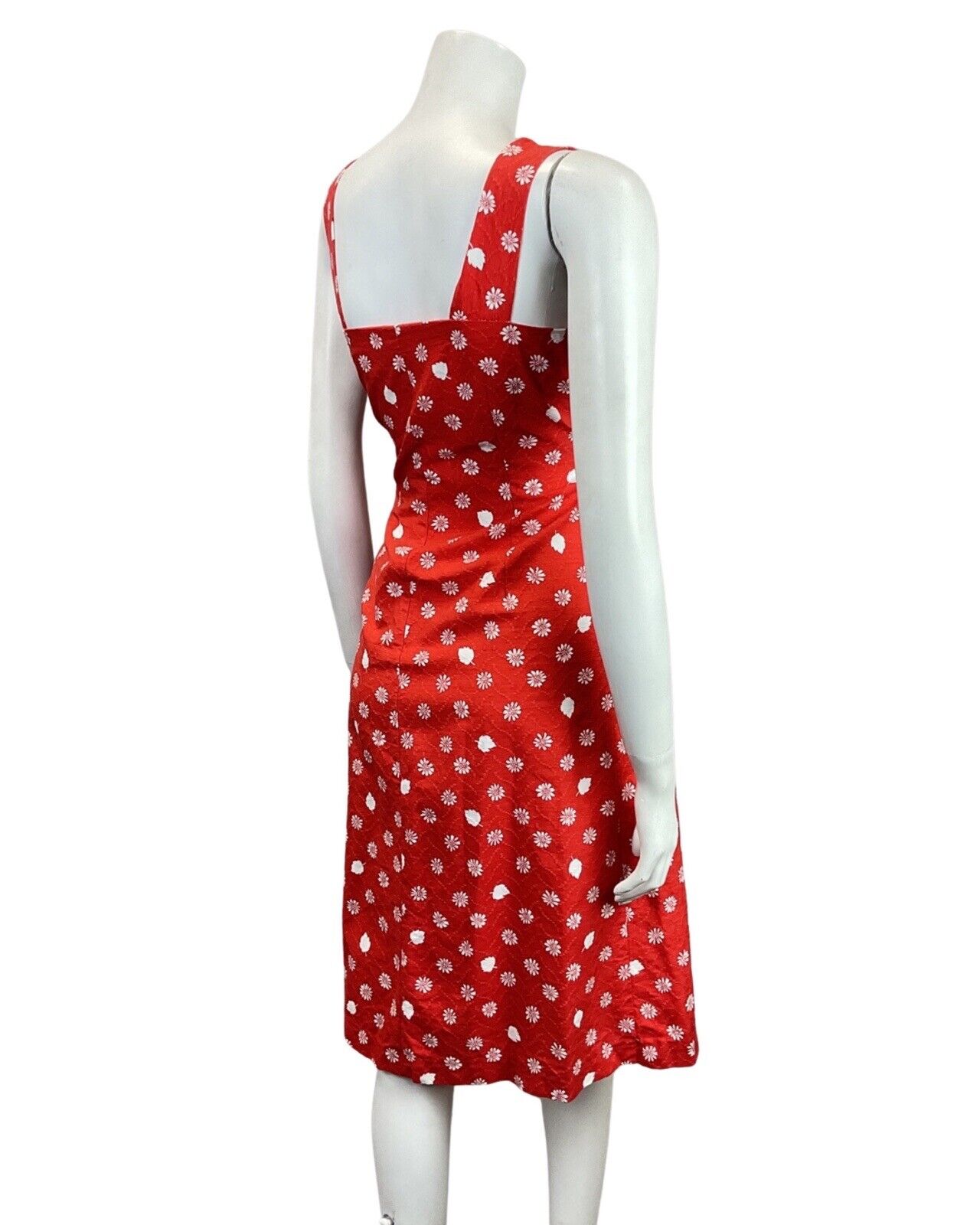 VINTAGE 60s 70s PILLARBOX RED WHITE FLORAL LEAFY MOD SLEEVELESS SUMMER DRESS 8