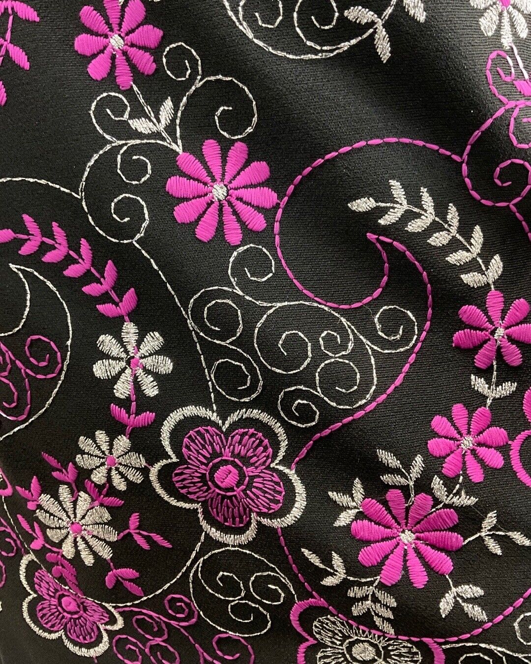VINTAGE 60s 70s BLACK SILVER PURPLE SWIRLING FLOWER EMBROIDERED MOD DRESS 16