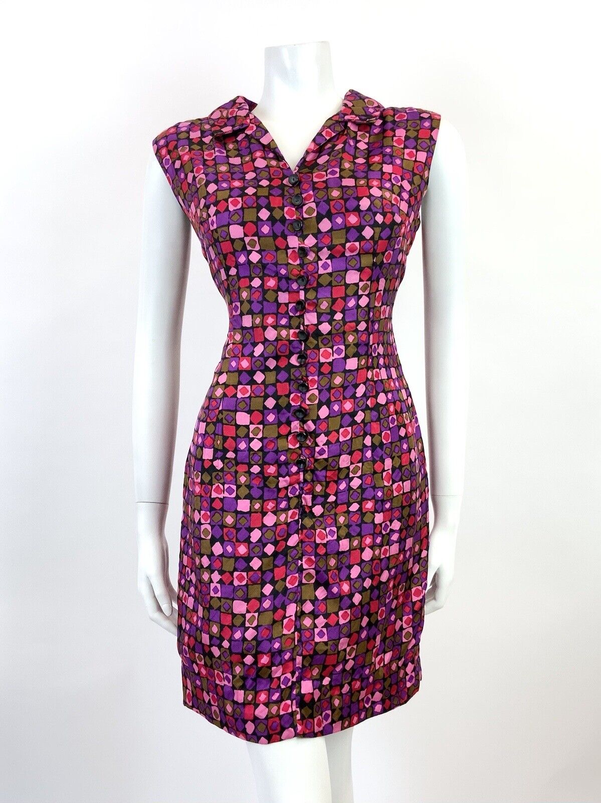 VINTAGE 60s 70s PURPLE PINK RED GOLD GEOMETRIC MOD SLEEVELESS SHIRT DRESS 10 12