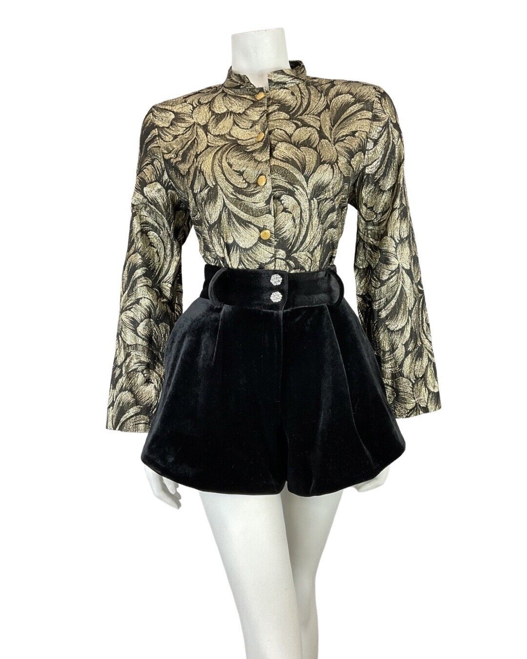 VINTAGE 60s 70s GOLD BLACK PSYCHEDELIC MANDARIN COLLAR STUDIO 54 LUREX SHIRT 14